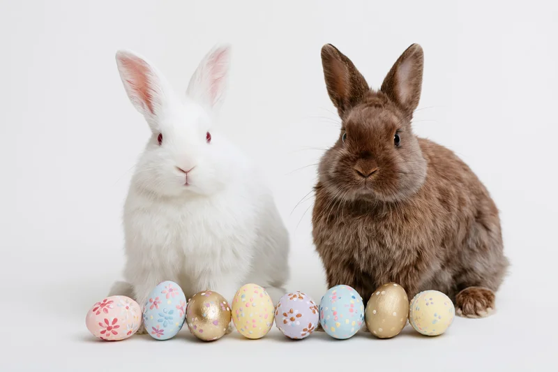 Two domestic rabbits sitting upright beside a row of decorated easter eggs on a white background