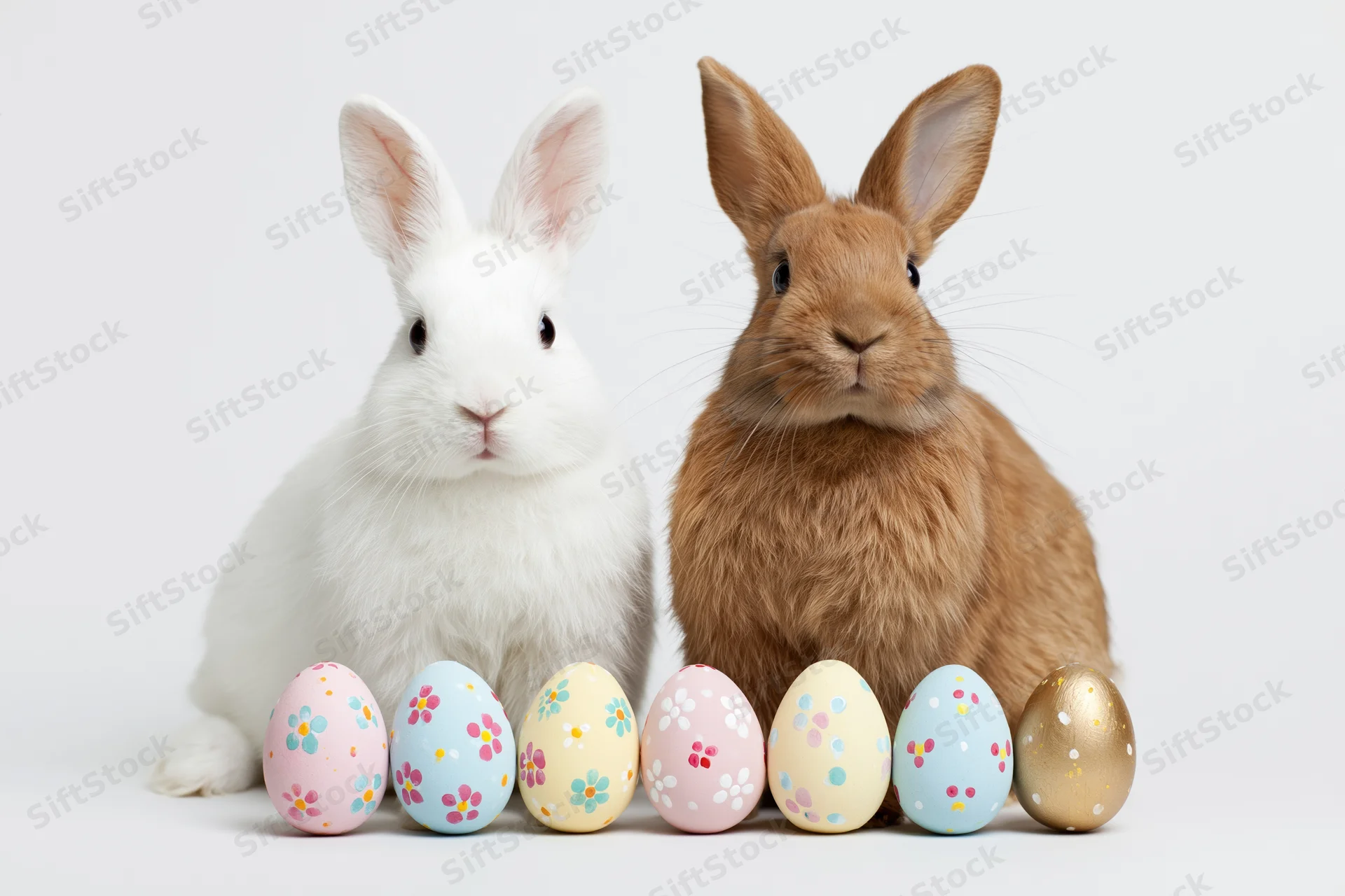 Two domestic rabbits sitting upright beside a row of decorated easter eggs on a white background