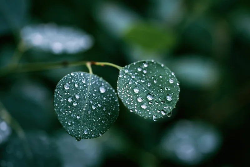Two round eucalyptus leaves covered in water droplets against a blurred green background