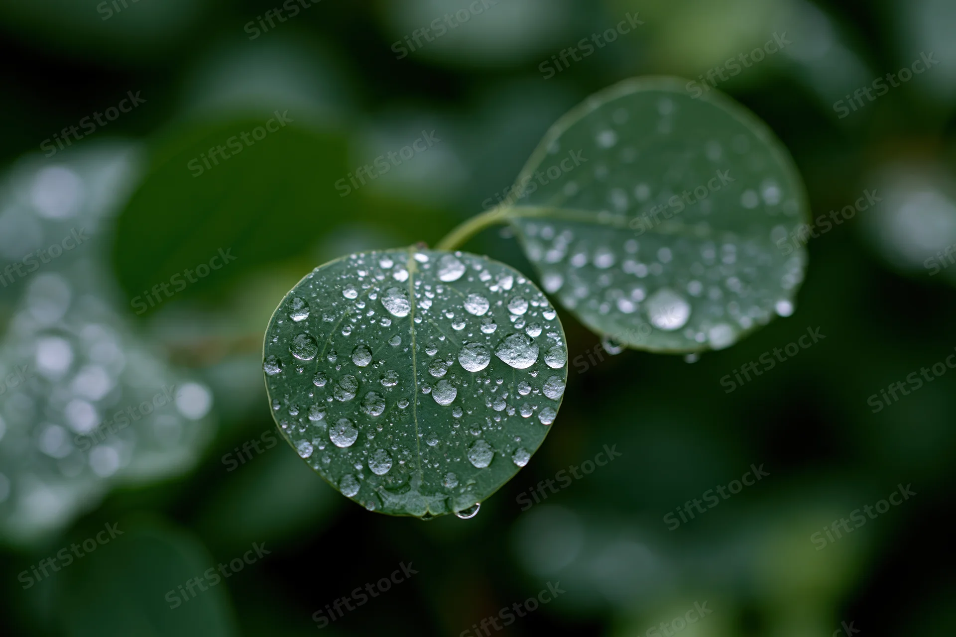 Two round eucalyptus leaves covered in water droplets against a blurred green background