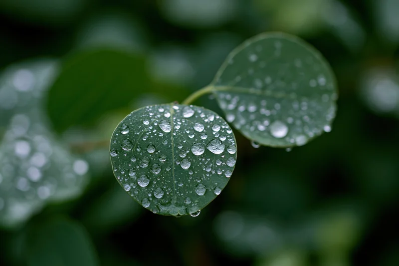 Two round eucalyptus leaves covered in water droplets against a blurred green background