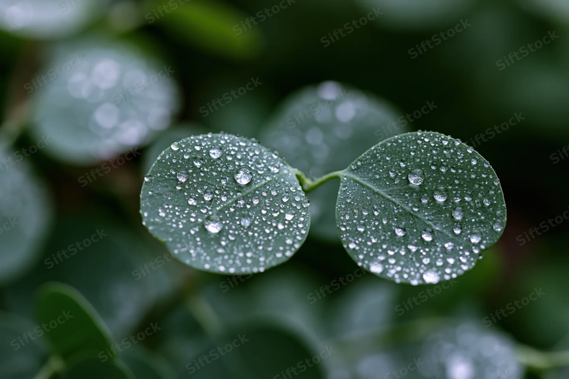 Two round eucalyptus leaves covered in water droplets in a garden setting