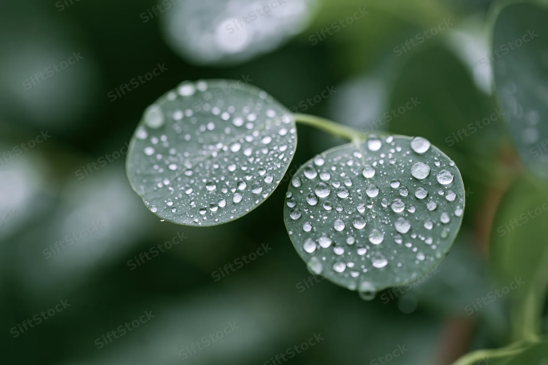 Two round eucalyptus leaves covered in water droplets in a garden setting