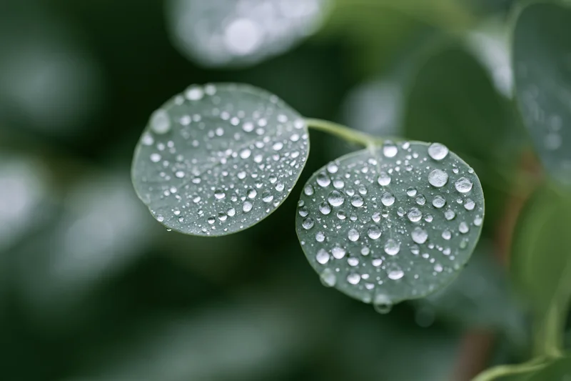 Two round eucalyptus leaves covered in water droplets in a garden setting