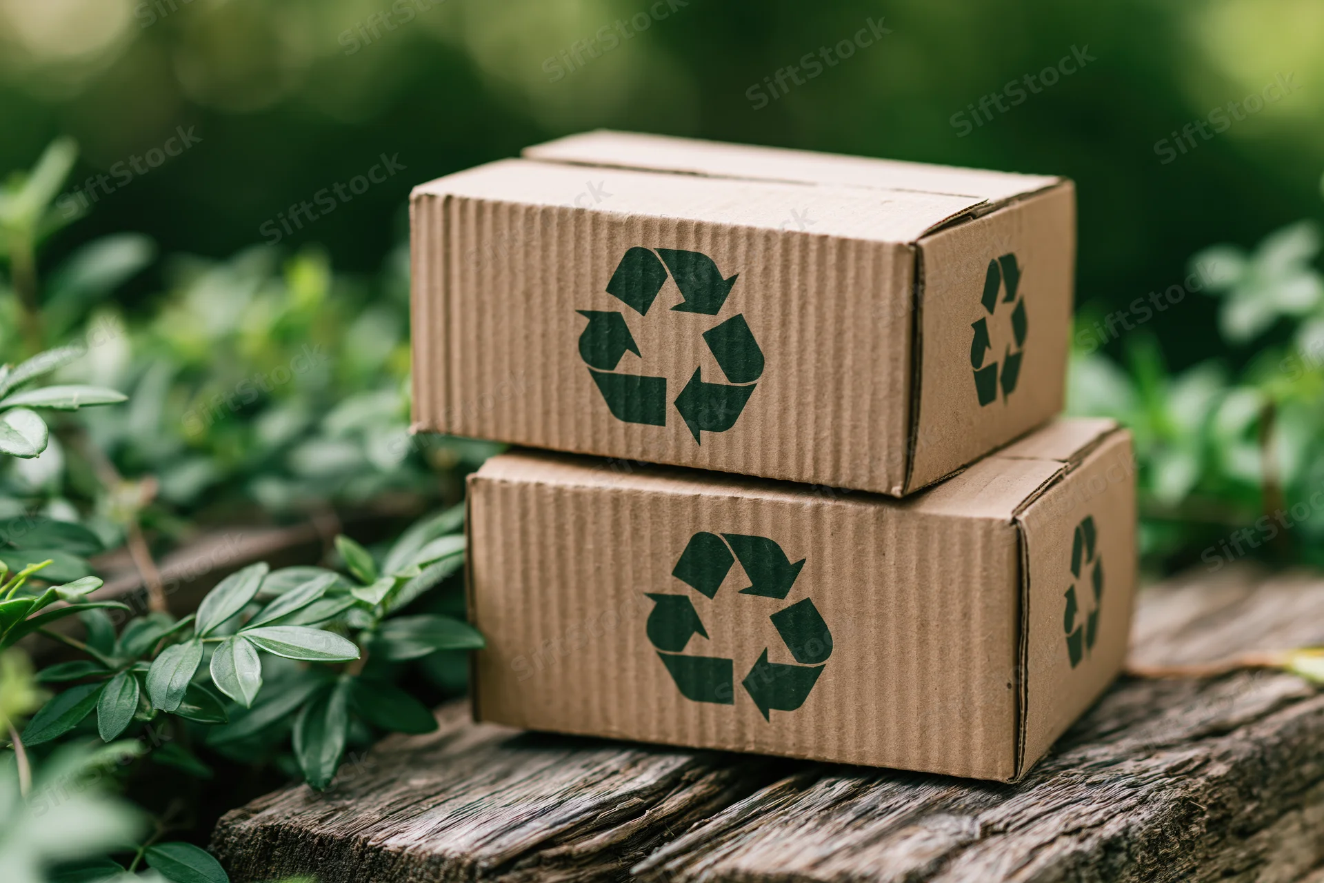 Two stacked cardboard boxes with recycling symbol on wooden surface surrounded by greenery