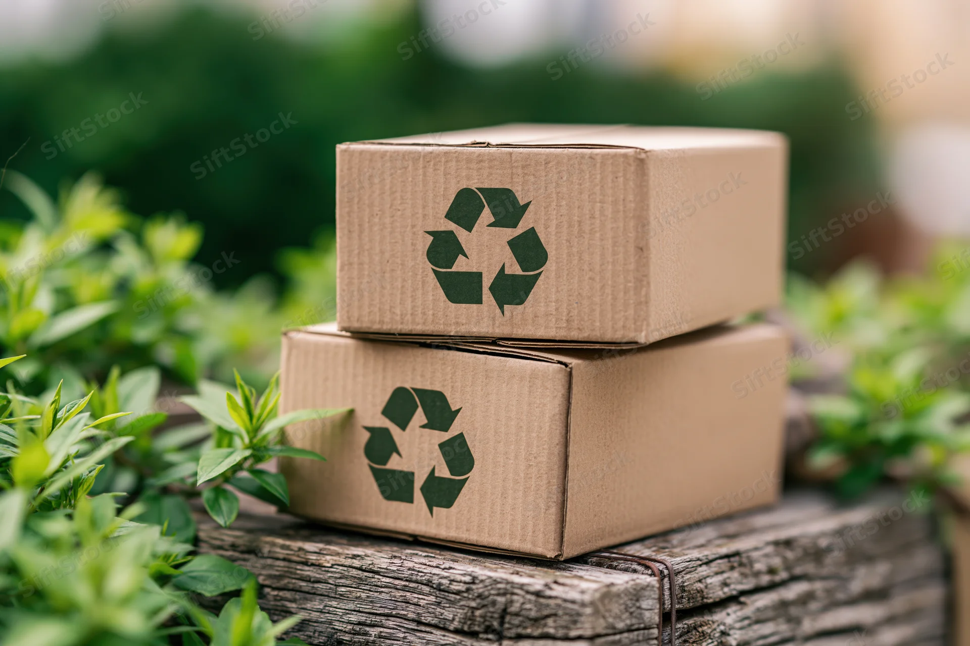 Two stacked cardboard boxes with recycling symbol on wooden surface surrounded by green plants