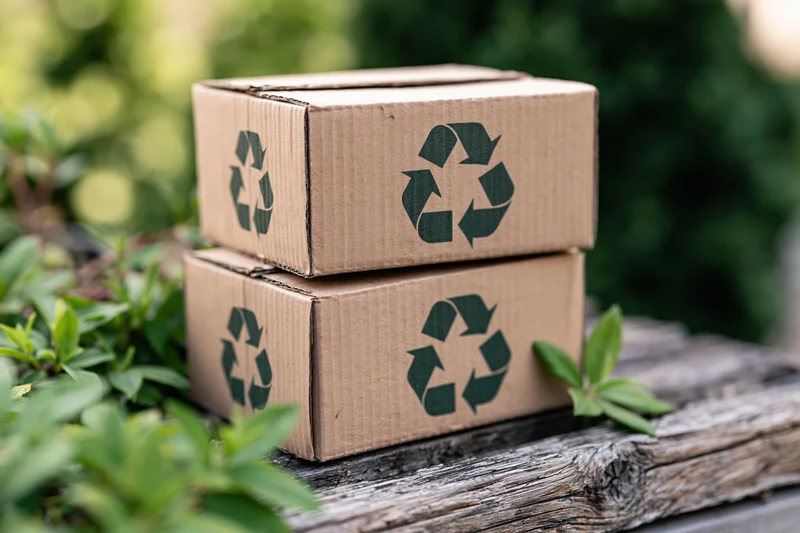Two stacked cardboard boxes with recycling symbol on wooden surface surrounded by greenery