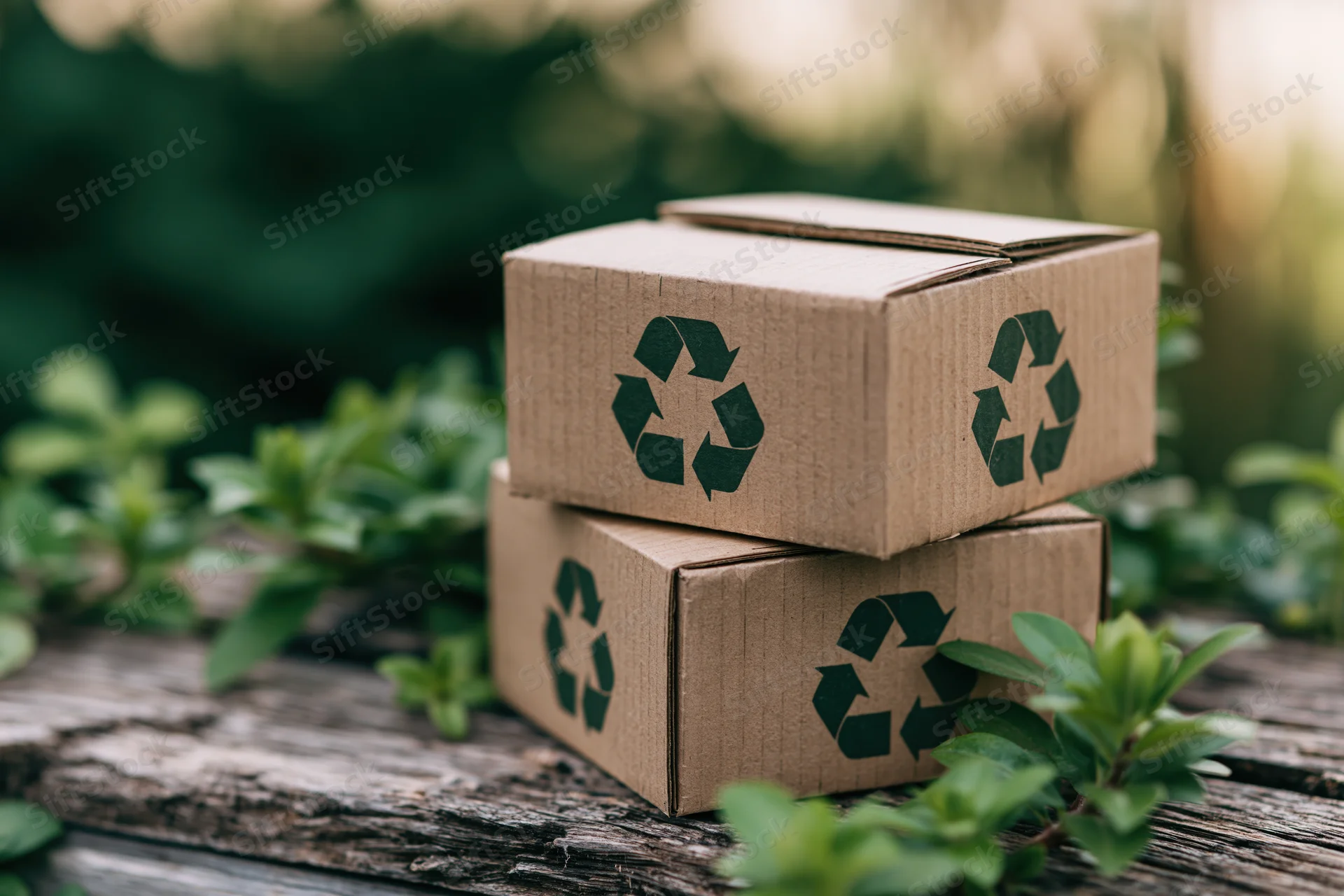 Two stacked cardboard boxes with recycling symbols on a wooden surface surrounded by green foliage
