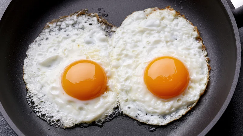 Two sunny-side-up eggs frying in a nonstick skillet