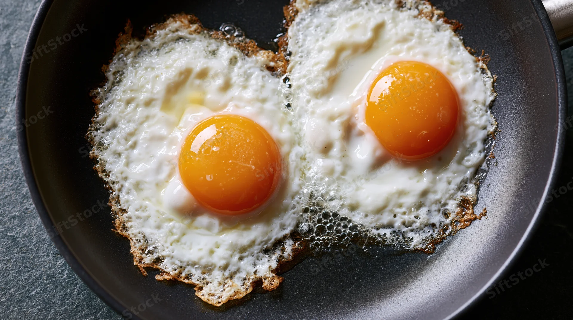 Two sunny-side-up fried eggs cooking in a dark nonstick skillet