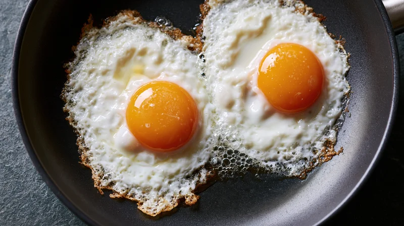 Two sunny-side-up fried eggs cooking in a dark nonstick skillet