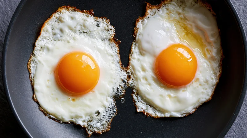 Two sunny-side-up fried eggs cooking in a dark nonstick skillet