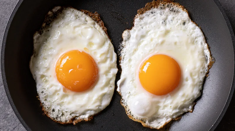 Two sunny-side-up fried eggs cooking in a dark nonstick skillet