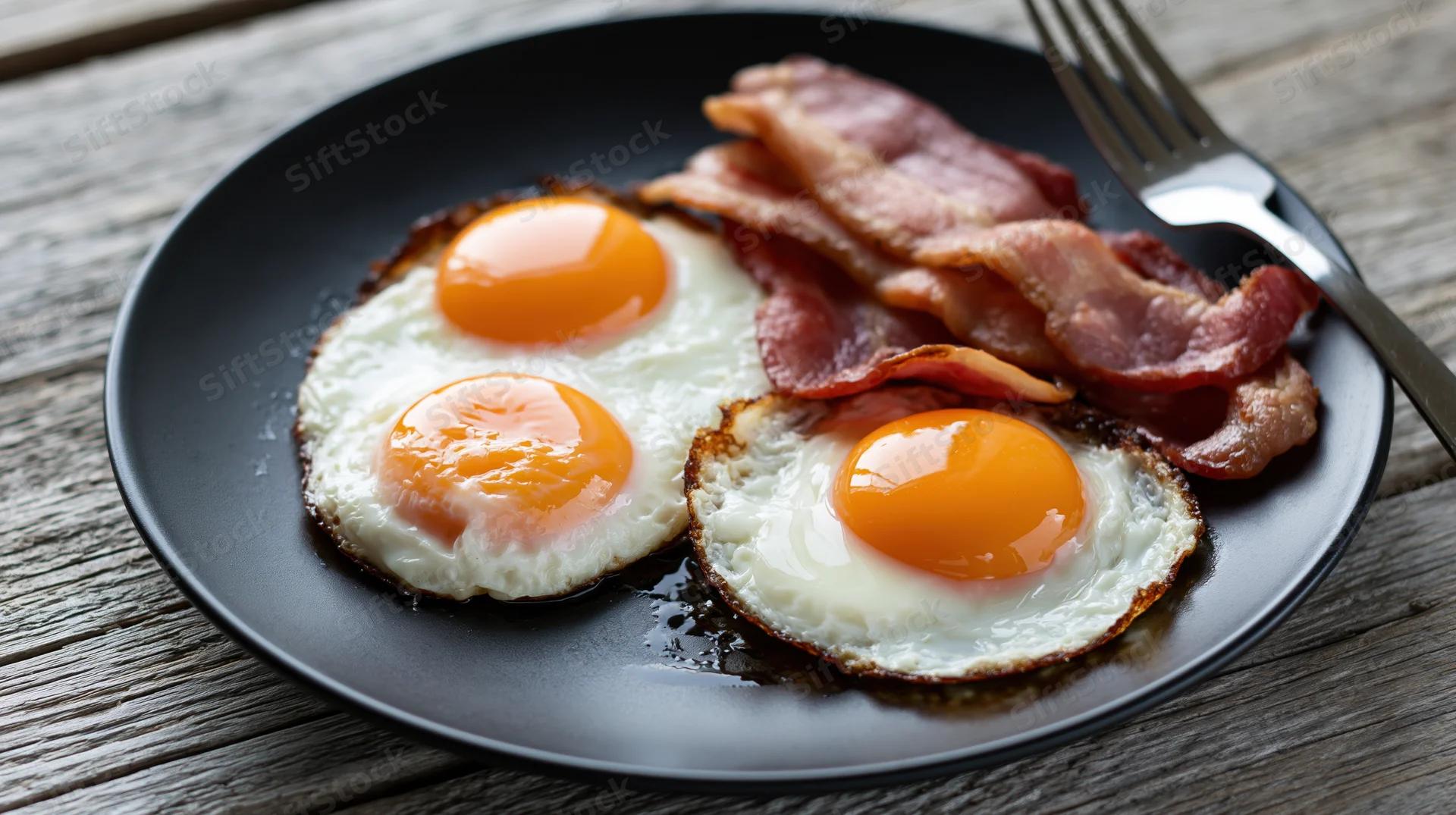 Two sunny-side-up fried eggs with crispy bacon on a black plate on a wooden table