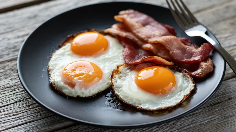 Two sunny-side-up fried eggs with crispy bacon on a black plate on a wooden table