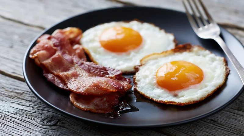 Two sunny-side-up fried eggs with bacon on a black plate on a wooden table