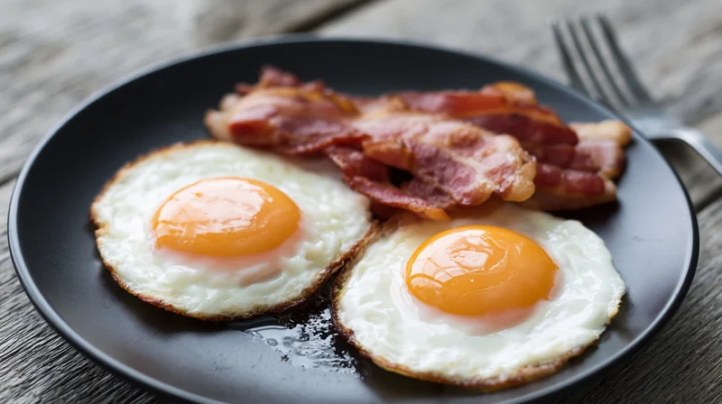 Two sunny-side-up fried eggs with crispy bacon on a black plate on a wooden table