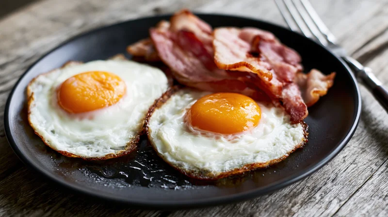 Two sunny-side-up fried eggs with crisp bacon on a black plate on a wooden table