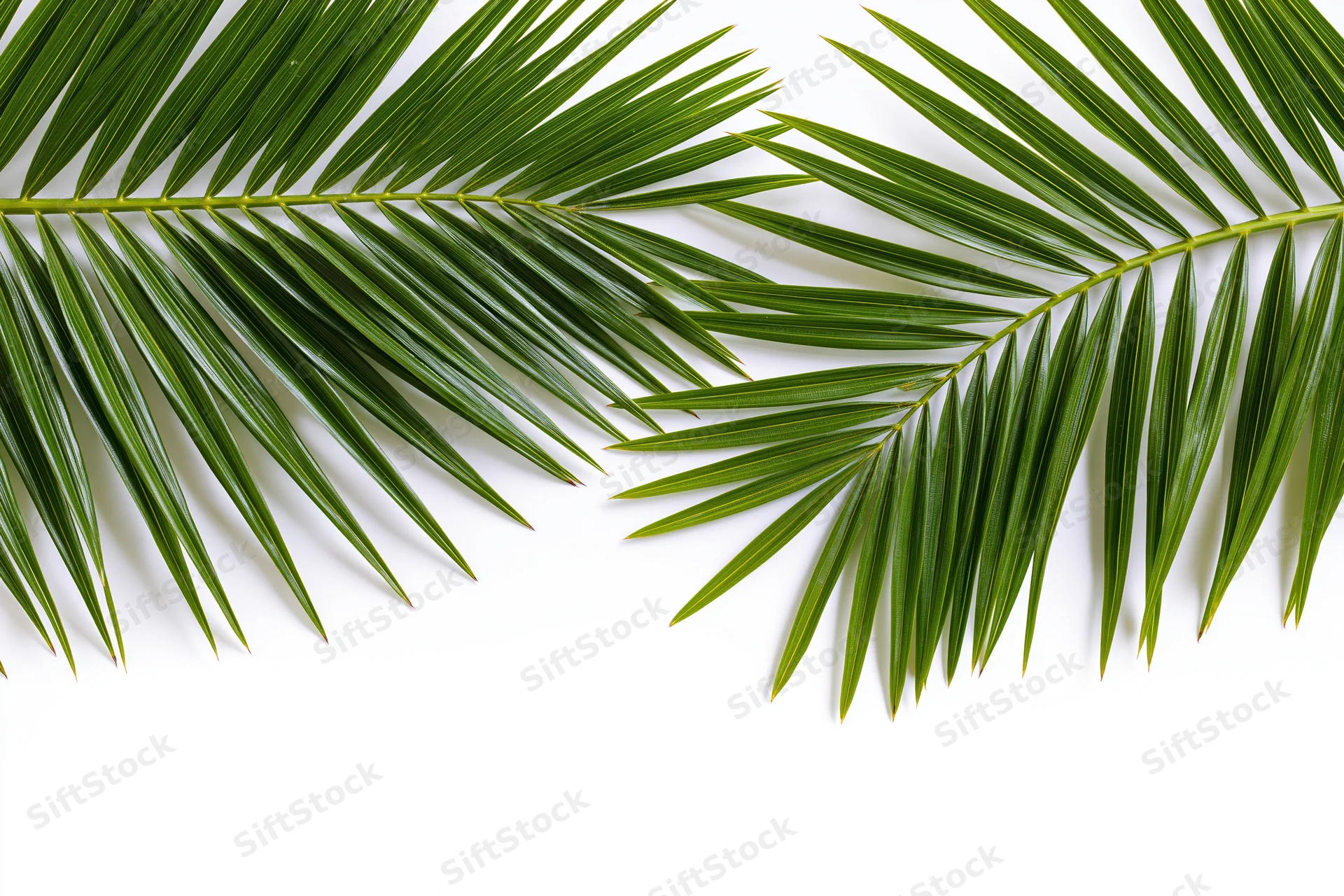 Two tropical palm fronds arching from the top corners on a white background with copyspace below