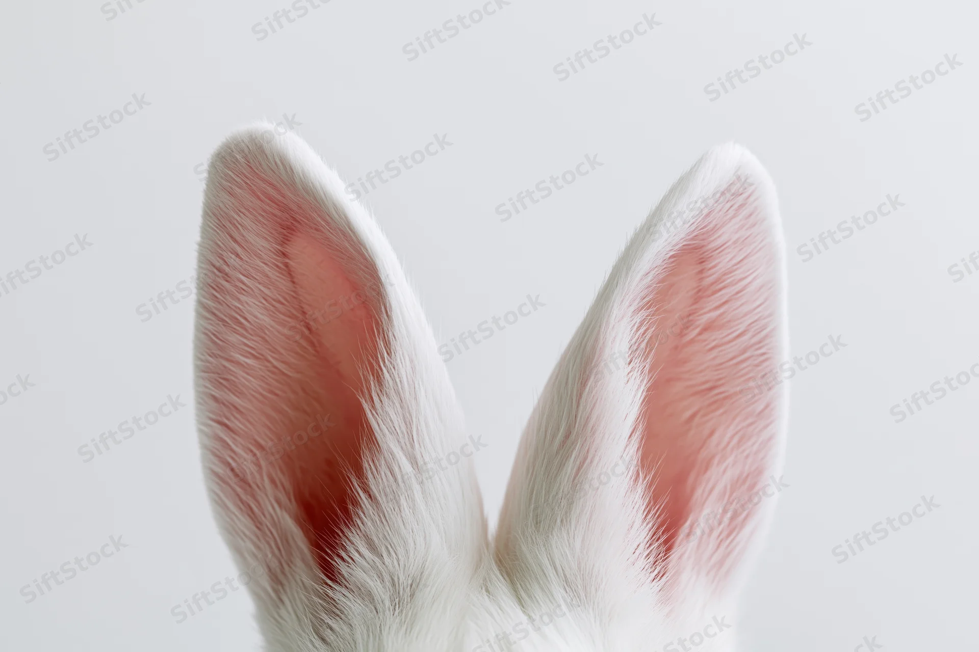 White rabbit ears with pink inner fur standing upright against a plain light background