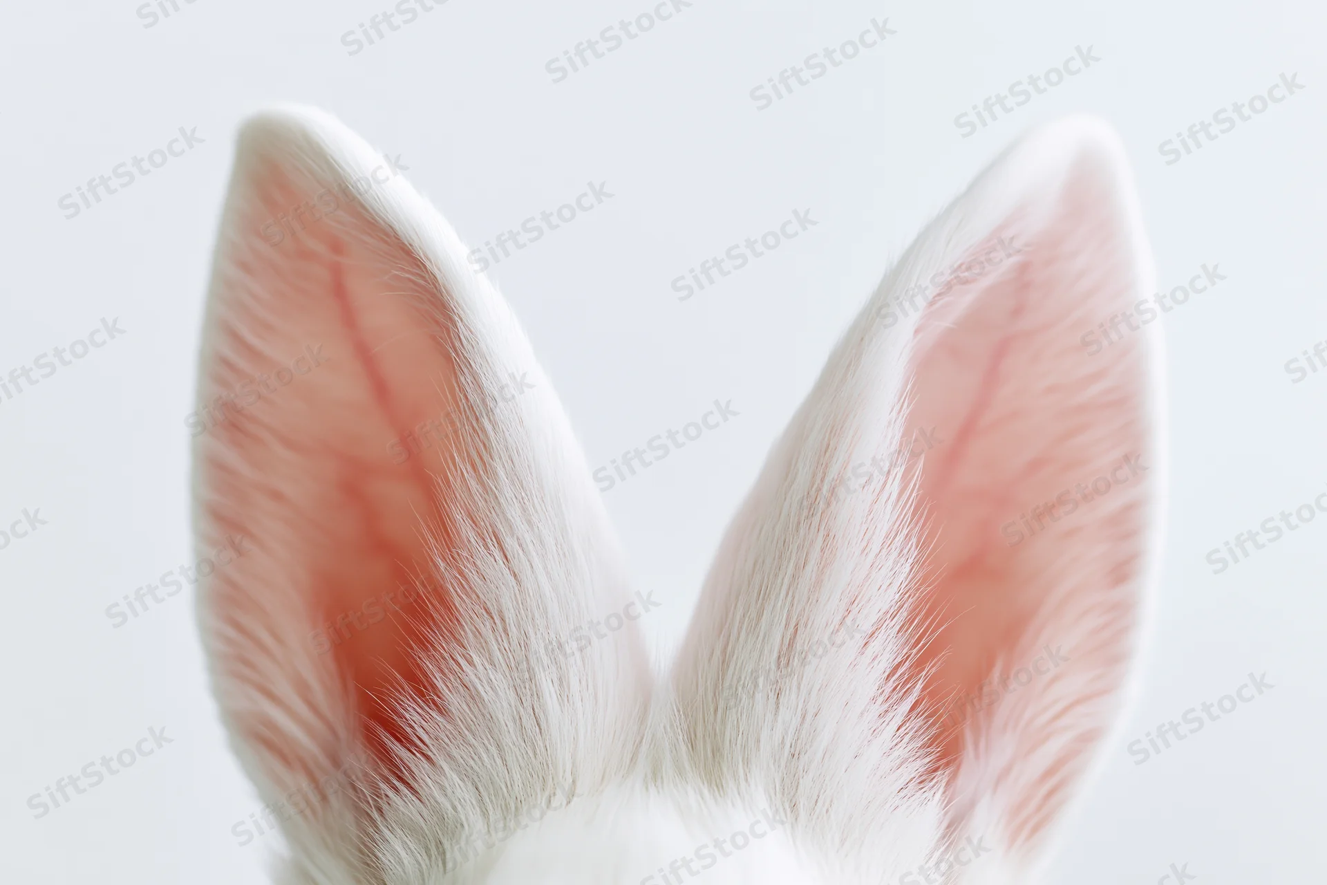 White bunny ears with pink inner fur standing upright against a plain white background