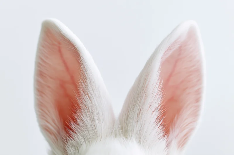 White bunny ears with pink inner fur standing upright against a plain white background