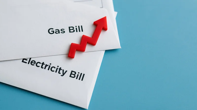 Two white envelopes labeled gas bill and electricity bill with a red rising arrow on a blue background