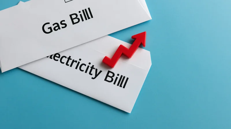 Two white envelopes labeled gas bill and electricity bill with a red rising arrow on a blue background