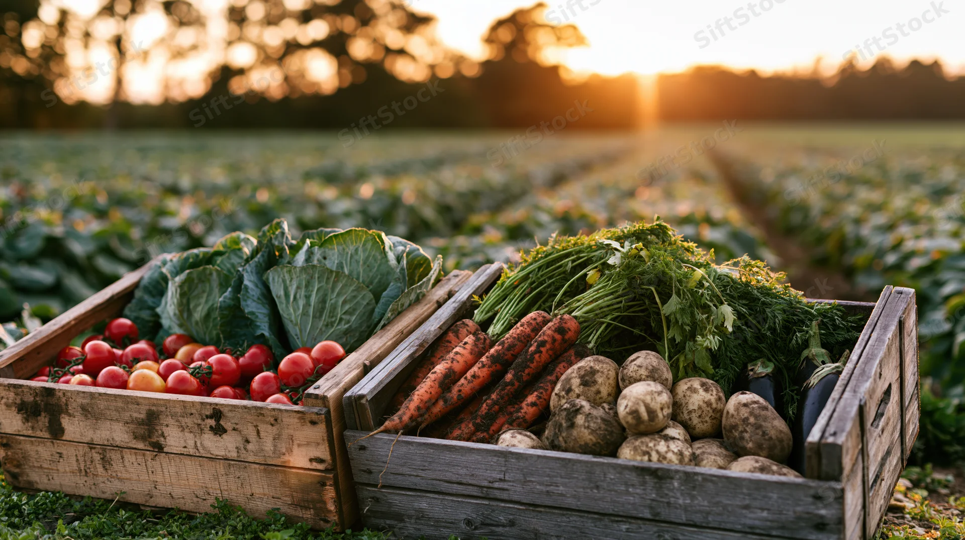 Wooden crates filled with freshly harvested vegetables in a field at sunset