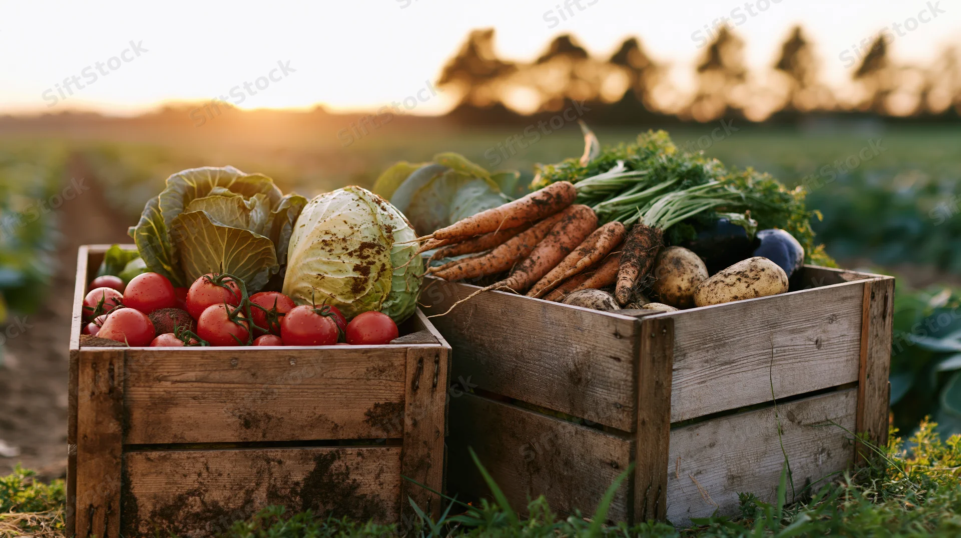 Two wooden crates filled with freshly harvested vegetables in a field at sunset