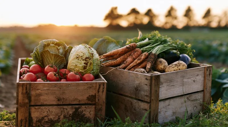 Two wooden crates filled with freshly harvested vegetables in a field at sunset