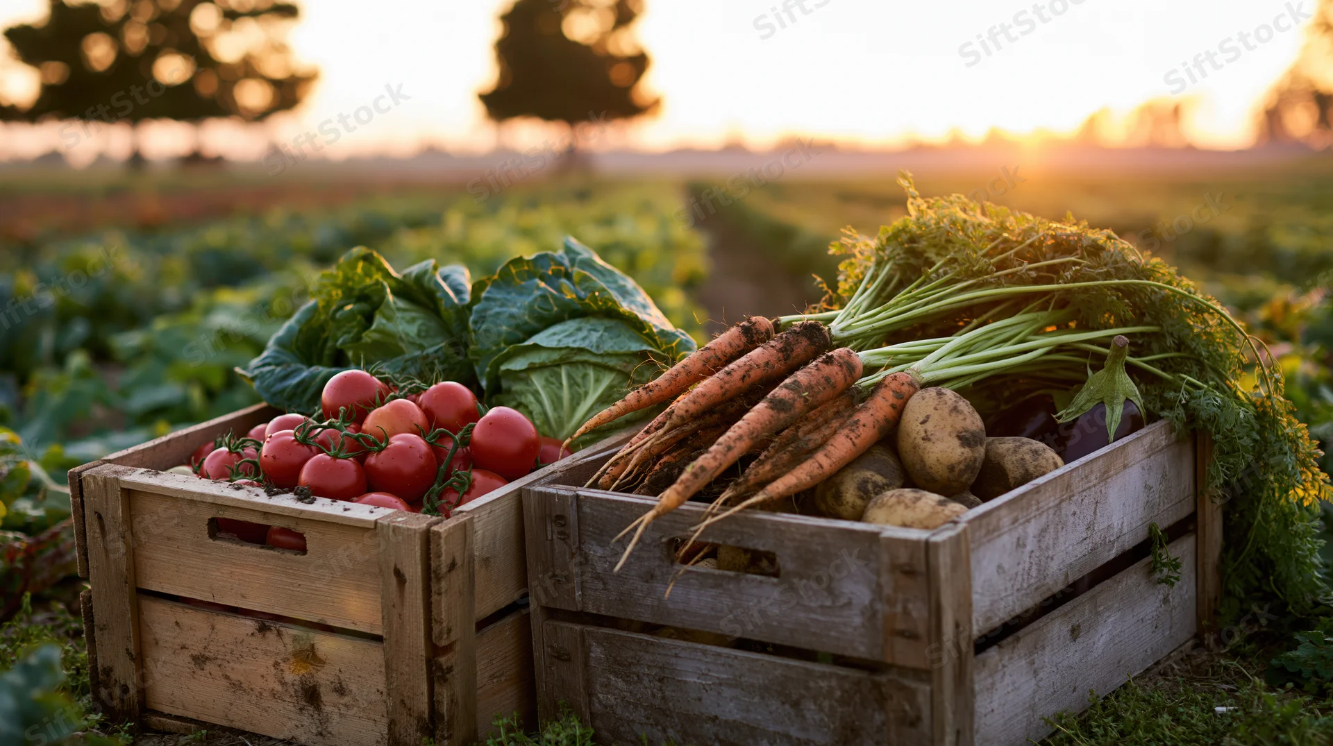 Wooden crates filled with freshly harvested vegetables in a field at sunset