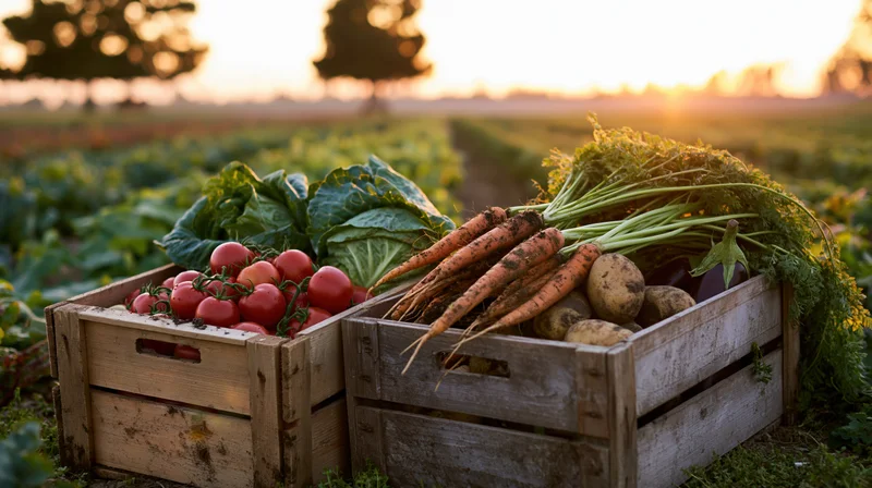 Wooden crates filled with freshly harvested vegetables in a field at sunset