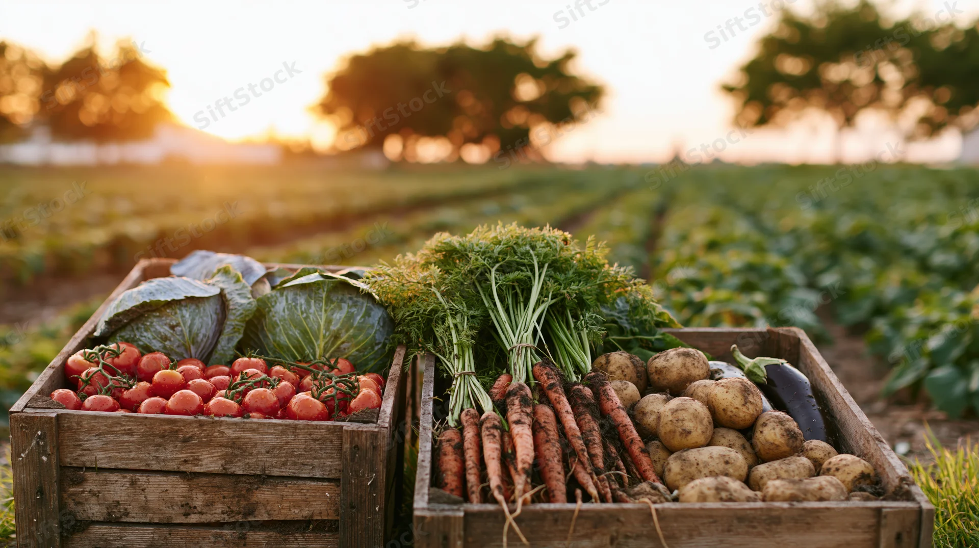 Wooden crates filled with freshly harvested vegetables in a farm field at sunset