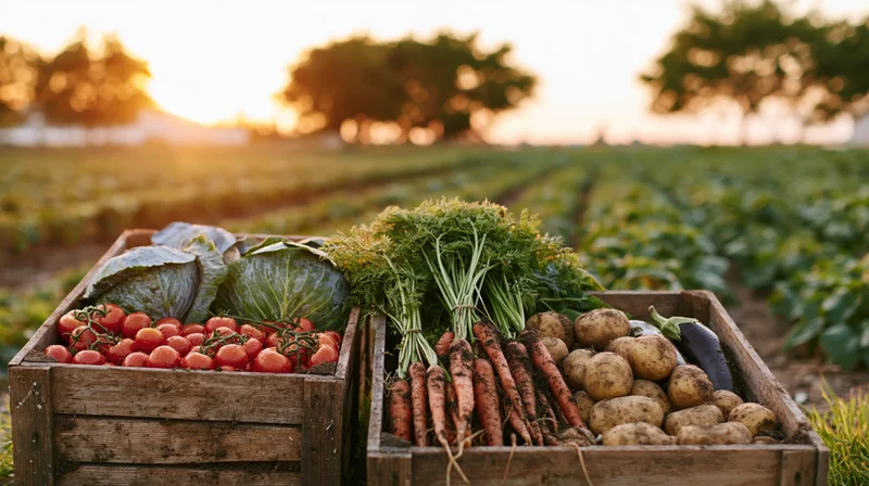 Wooden crates filled with freshly harvested vegetables in a farm field at sunset