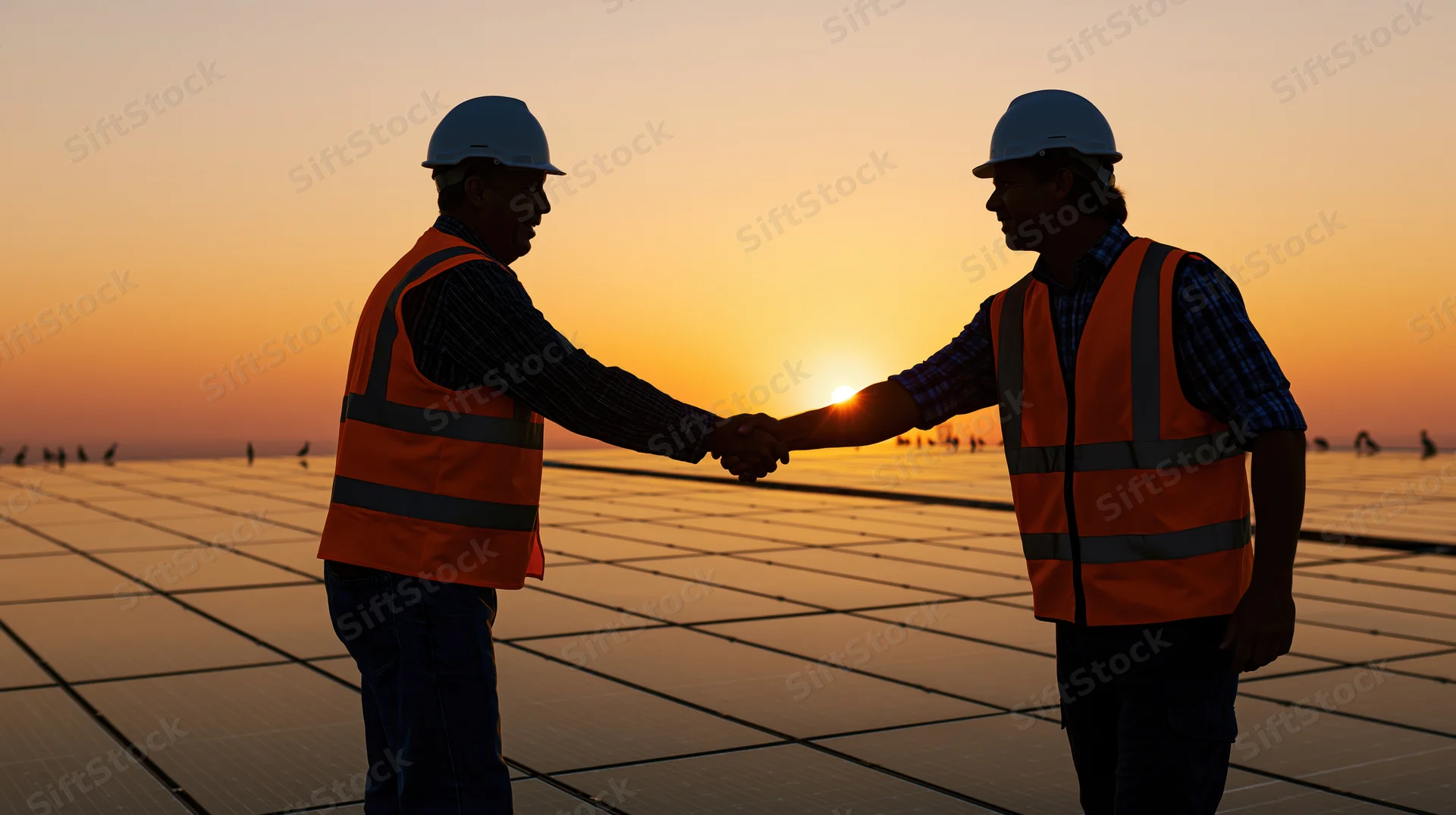 Two workers in hard hats and orange vests shaking hands on a solar panel field at sunset