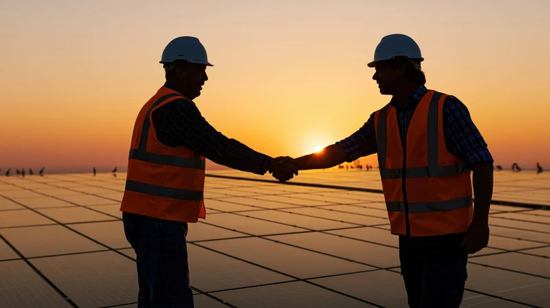 Two workers in hard hats and orange vests shaking hands on a solar panel field at sunset