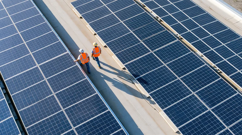 Two workers in orange safety vests and hard hats walking between rows of solar panels on a rooftop