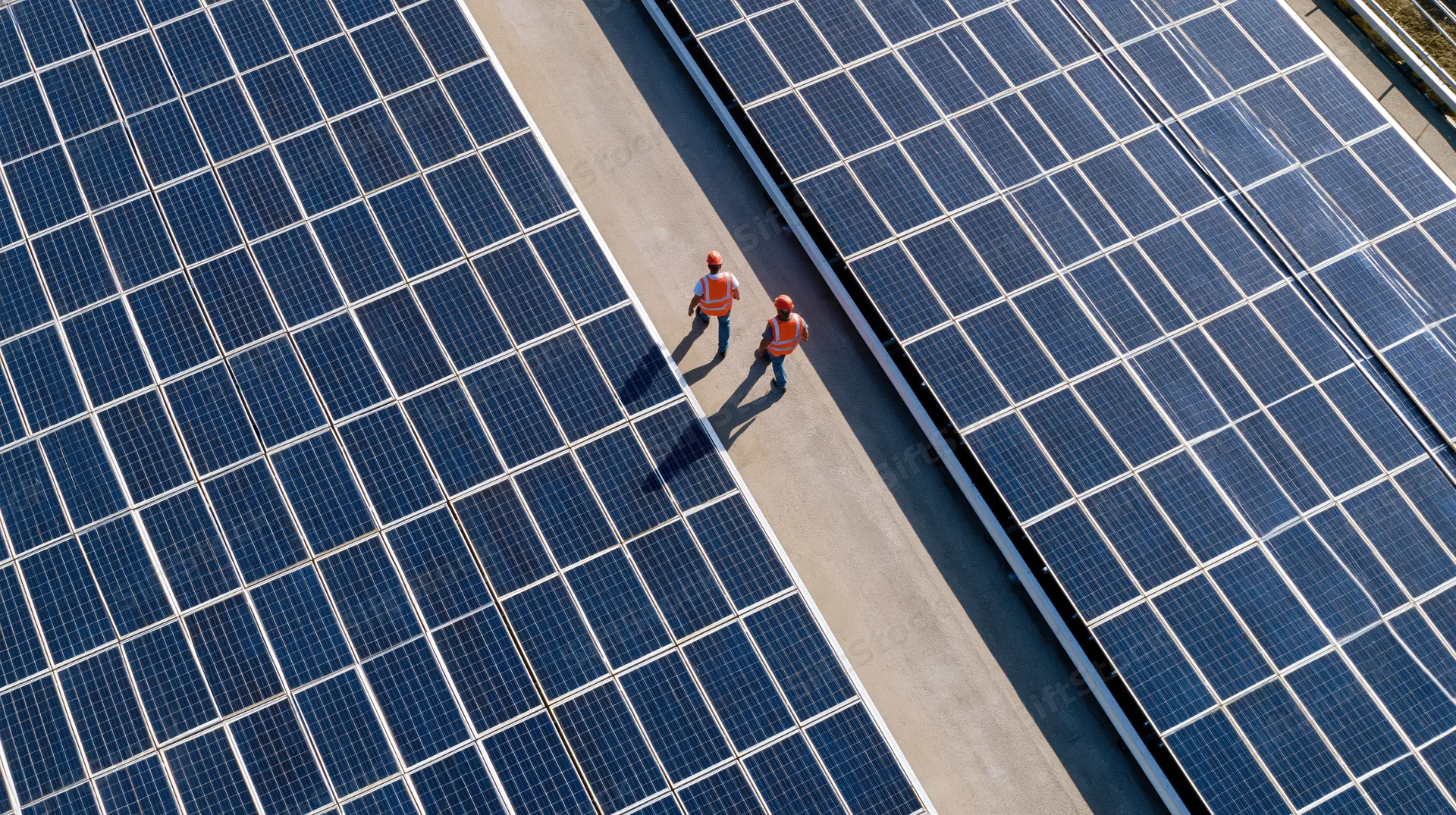 Two workers in orange safety vests and hard hats walking between rows of solar panels on a rooftop
