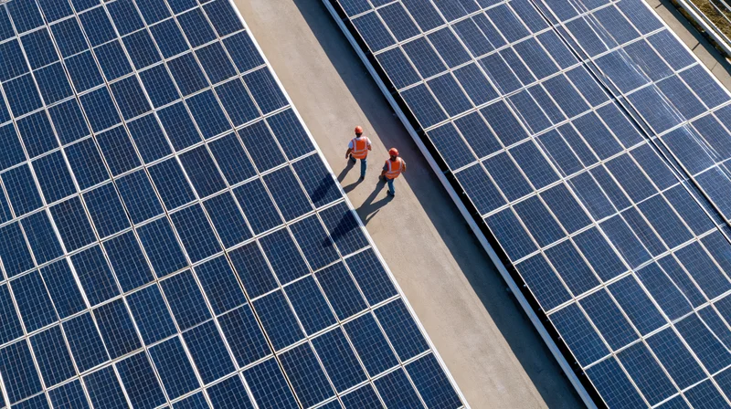 Two workers in orange safety vests and hard hats walking between rows of solar panels on a rooftop