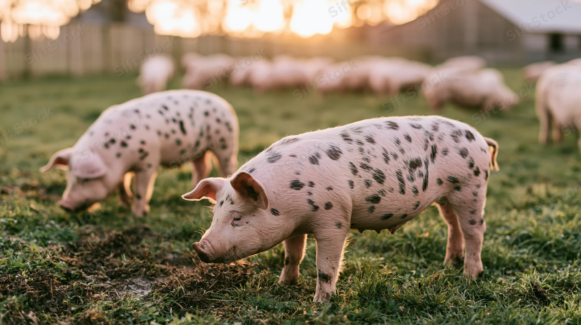 Spotted pigs grazing in a grassy pasture at golden hour near a barn