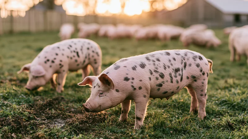 Spotted pigs grazing in a grassy pasture at golden hour near a barn