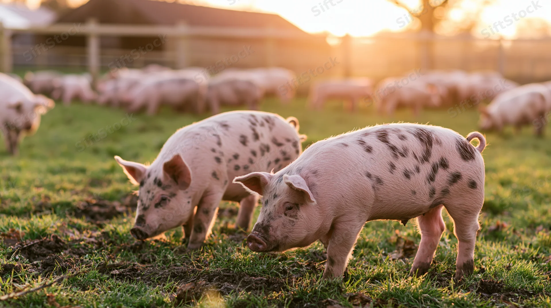 Two young spotted pigs grazing in a grassy pasture at sunset near a fenced farm field