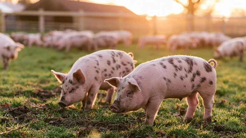 Two young spotted pigs grazing in a grassy pasture at sunset near a fenced farm field