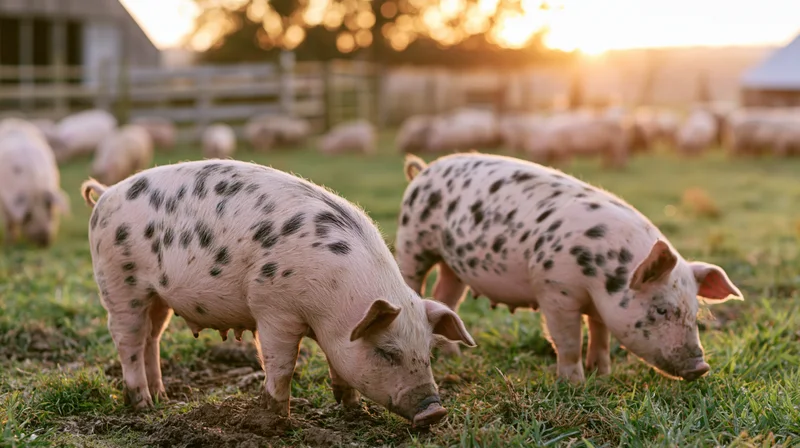 Two young spotted pigs grazing in a grassy pasture at sunset near a farm building