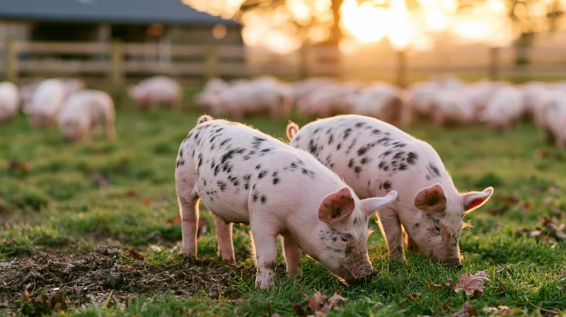 Two young spotted pigs grazing in a grassy pasture at sunset with a herd and barn in the background