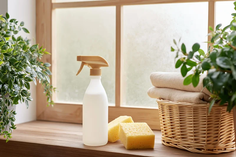 Frosted spray bottle and sponges on wooden countertop near window with plants and wicker basket