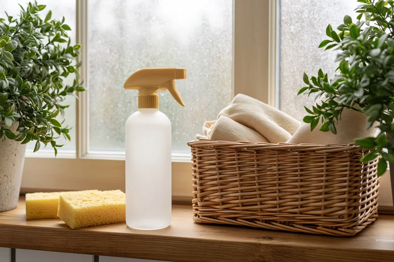 Frosted spray bottle with sponges and towels on a windowsill beside potted plants