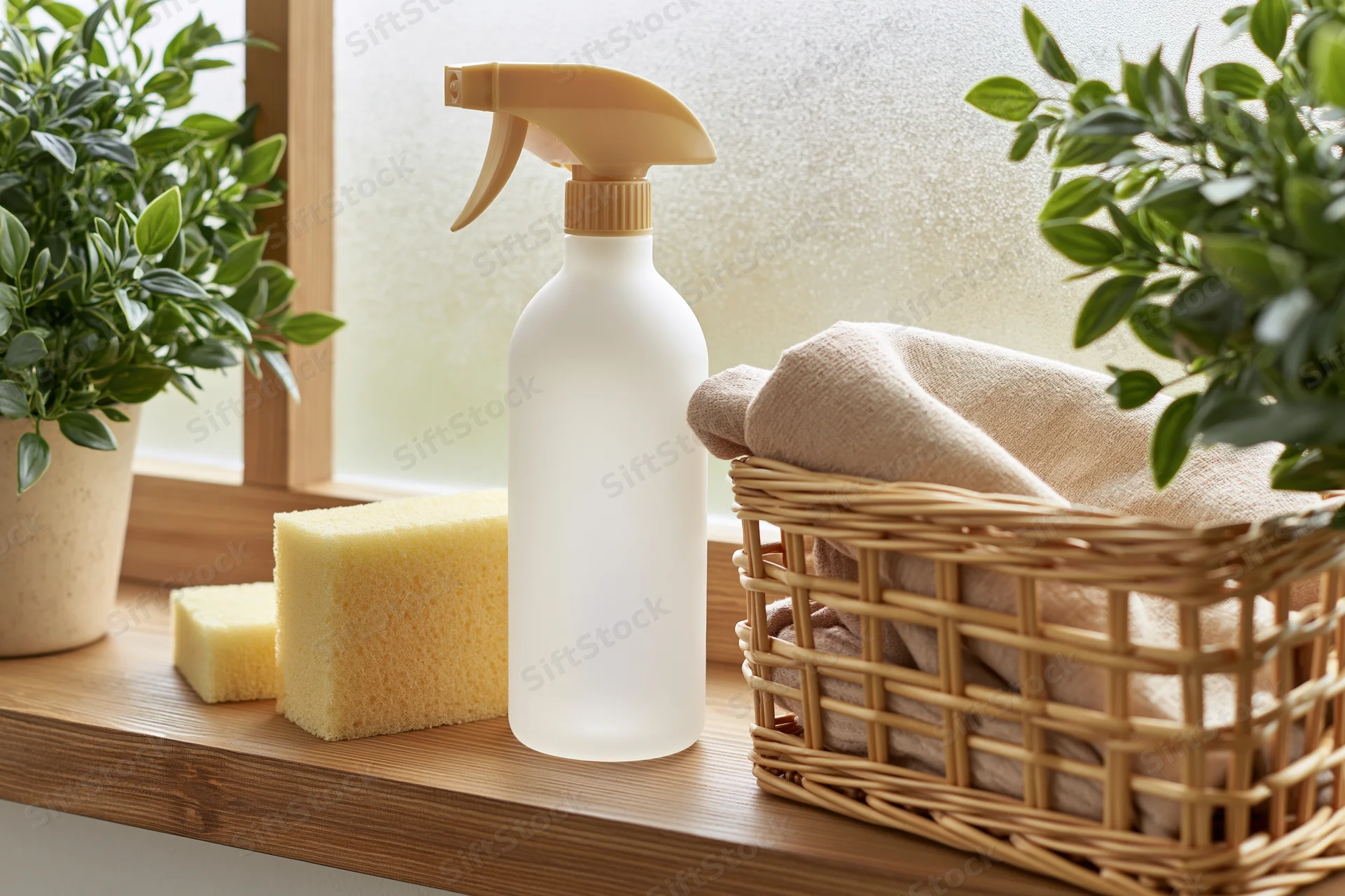 White frosted spray bottle with tan trigger on wooden shelf beside sponges, wicker basket with towels, and potted plants near window
