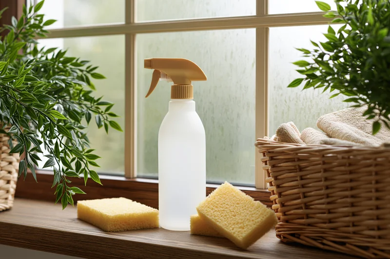 Frosted spray bottle and sponges on a windowsill beside a wicker basket with towels and potted plants